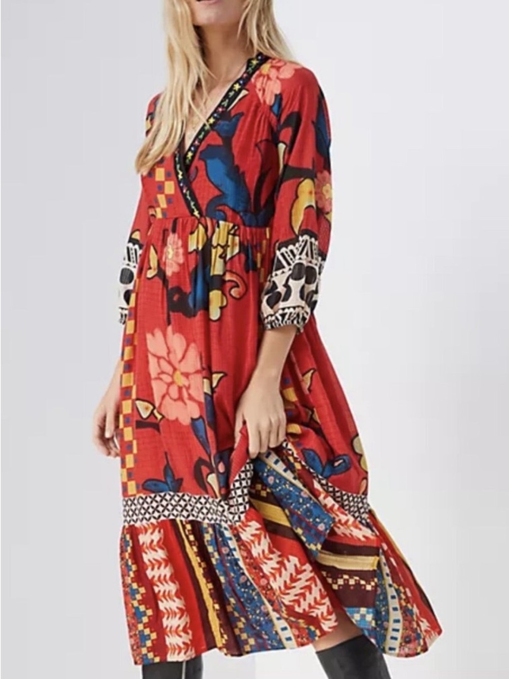 Verb Red Mixed-Print Wrap Midi Dress